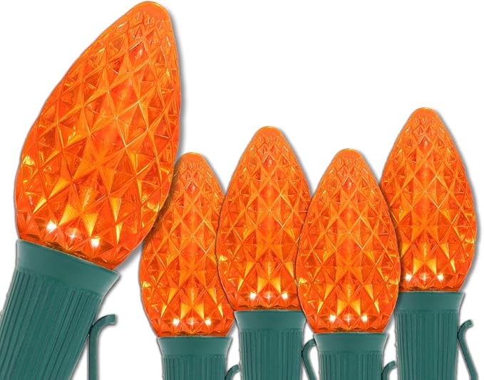 Wintergreen Lighting 50 ft C7 Orange OptiCore Commercial Christmas Lights LED Halloween Holiday Party on Heavy Duty Green Wire (50 ft Amber/Orange)
