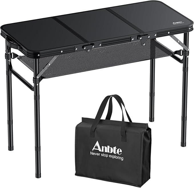 Anbte Folding Camping Table with Storage Net 3ft Camping Table Aluminum Folding Table with 3 Adjustable Height Max 27.5 Inch Picnic Table Portable Table for Outdoor Backyard BBQ Pure Black