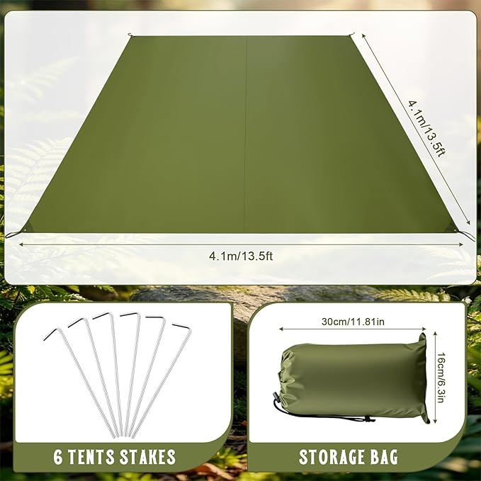 13.5x13.5 ft Tent Footprint Waterproof Camping Tarp Heavy Duty Tent Floor Saver Ultralight Ground Sheet Mat with Storage Bag 6 Tents Stakes for Hiking Picnic Backpacking Hammock Beach