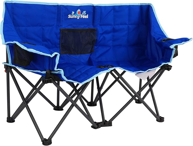 SUNNYFEEL Kids Folding Double Camping Chair Portable Kids Camping Chairs 2 Seat Chair Blue Padded Foldable Lawn Chairs with Cup Holder for Beach/Outdoor/Travel/Picnic Foldable Camp Chairs 2 Person