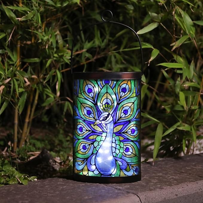 Afirst Solar Lantern Outdoor Hanging Glass Peacock Solar Lights Waterproof Led Lamp for Garden Yard Tree Desk Decor