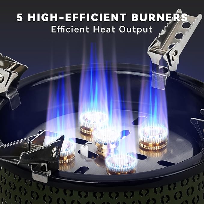 ONLYFIRE OUTDOOR LIVING Portable Camping Gas Stove with Storage Bag &amp Gas Adapters 5 Burners Propane Stove for Outdoor Patio Cooking Picnic Camping Hiking Tailgating Emergency Use Green GS344
