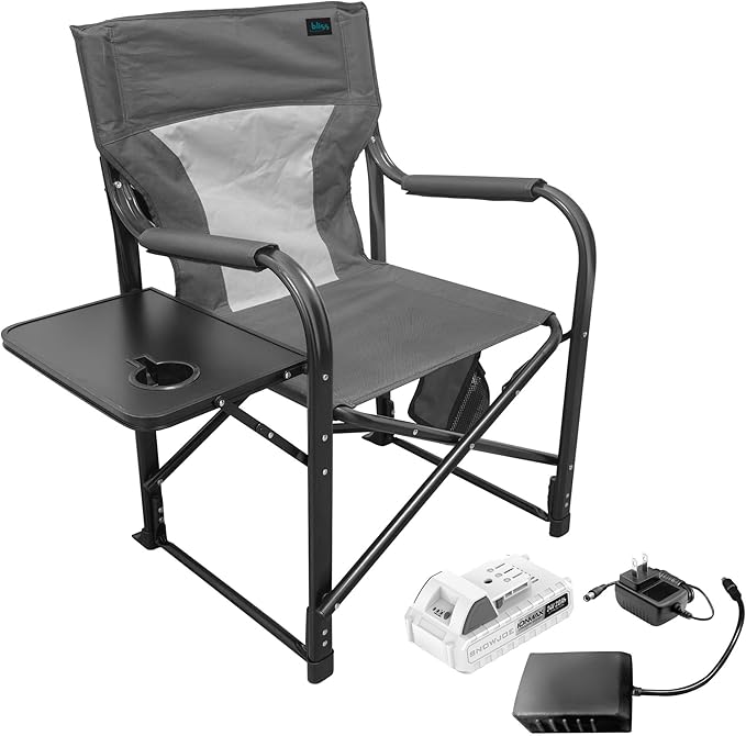 Bliss Hammocks 24 Volt Heated Directors Seat with 3 Heat Settings Folding Portable 21 Inch Wide Steel Frame Camping Chair - Battery Included Gray