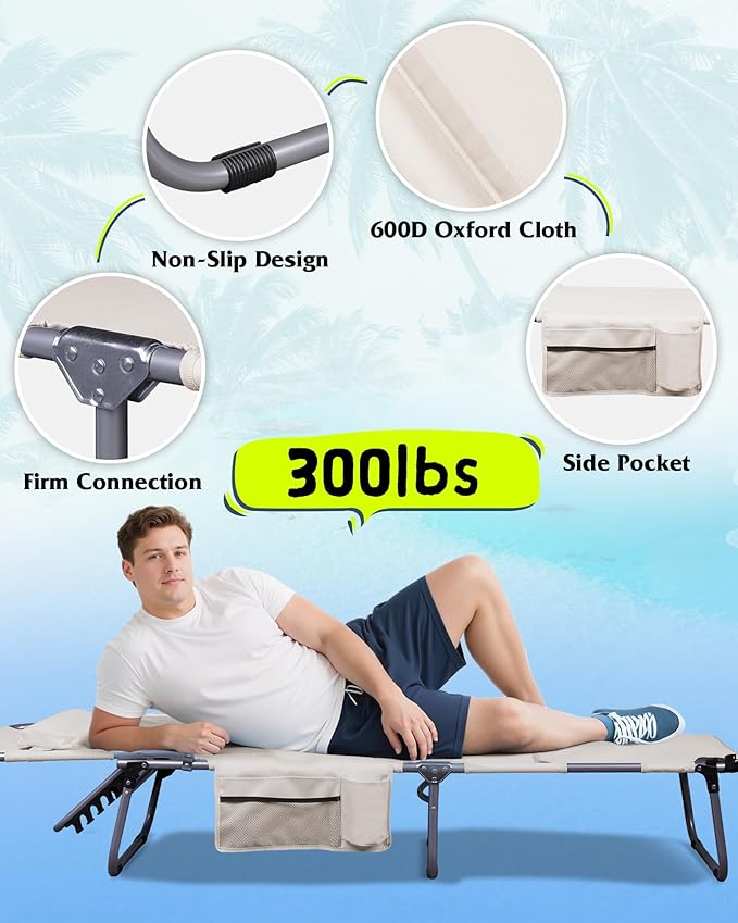 WLIVE Outdoor Tanning Chair 5-Position Folding Beach Chair with Face Hole for Adults Portable Patio Lounge Chair for Beach PoolCamping Beige