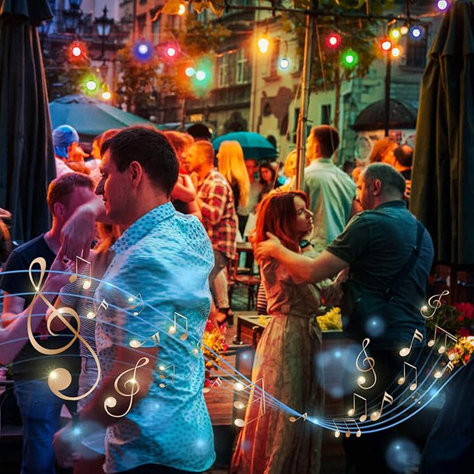 GANA Outdoor String Lights Patio Lights 48FT Music Flash RGBW Colourful Safe 12V Low Voltage LED Shatterproof Bulbs Connectable Heavy Duty Wire IP65 Waterproof Level for Courtyards Cafe Bistro
