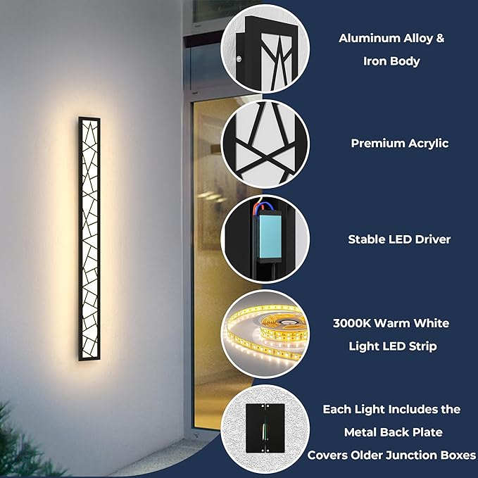 Outdoor Wall Lights 23.6inch Modern Outdoor Wall Sconce LED Long Wall Sconces Black Front Porch Light Waterproof Led Wall Light IP67 3000K Exterior Lighting fixtures