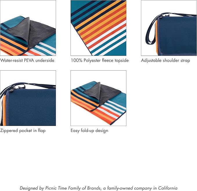 Picnic TIME Outdoor Picnic Blanket Tote 59x51 Foldable Beach &amp Camping Blanket with Soft Fleece Water-Resistant Bottom Adjustable Strap &amp Zippered Pocket (Marine Stripe)