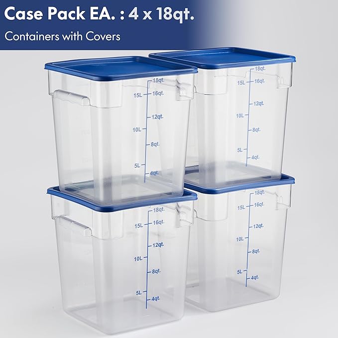 CURTA 4 Pack Food Storage Containers with Blue Lids - NSF Listed Commercial Grade in 18.0 Qt - Square Clear Polycarbonate