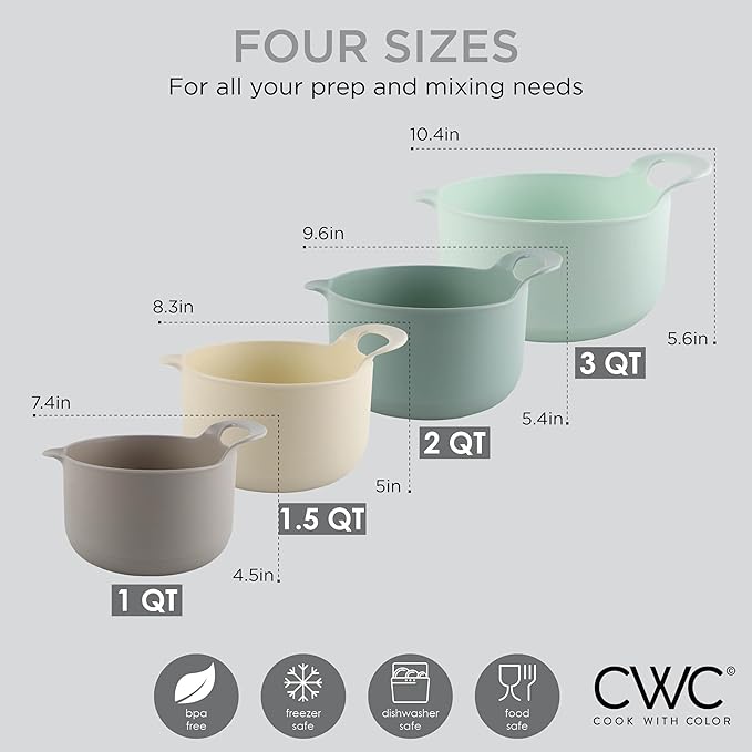 COOK WITH COLOR Nesting Plastic Mixing Bowl Set with Pour Spouts and Handles Ombre Mint 4 Piece Non-Slip
