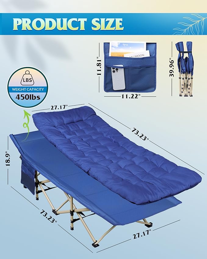 WLIVE 1200D Double Layer Oxford Camping Cots for Adults Portable Camping Cot Bed with Mattress for Sleeping Outdoor Folding Bed with Carry Bag for Resting Camping Dark Blue