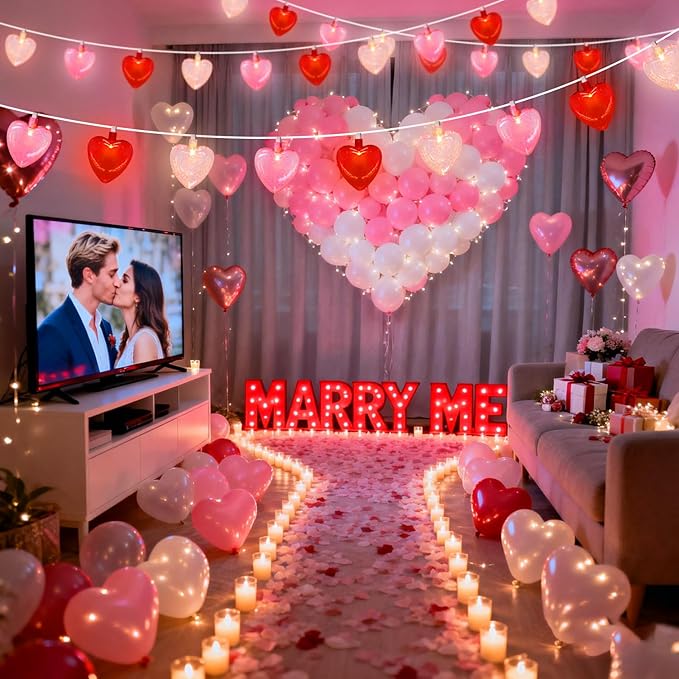20 LED Valentine's Day Decorations Heart Lights 12Ft Heart String Lights Outdoor Waterproof with 20 LED Red Pink White Hearts Shaped with Glitter for Room Door Windows Fence Valentines Day Decor