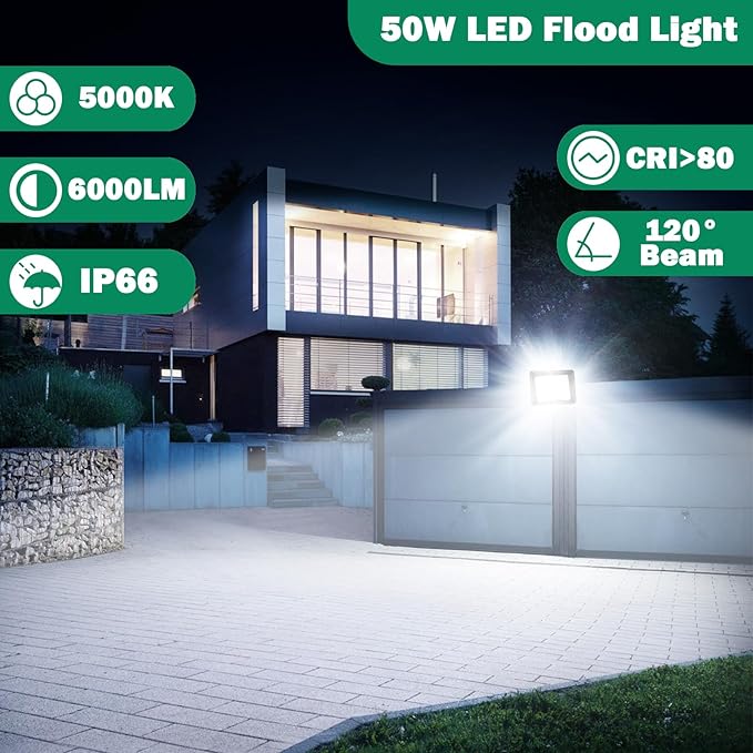 50W 2 Pack LED Flood Light Outdoor IP66 Waterproof 5000K Daylight White 6000LM Super Brighter Work Light with 6ft Cord and Plug Exterior Floodlight Security Lights for Yard Garage Garden