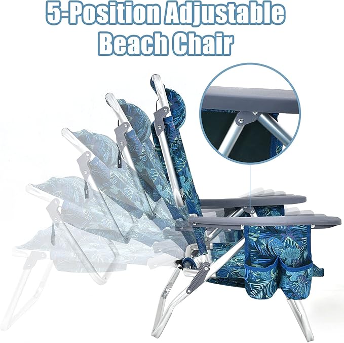 Giantex Folding Beach Chair Patio Sling Chairs with 5 Adjustable Position Head Pillow Storage Bag Towel Bar Cup Holders Backpack Chairs for Sunbathing Camping Chair