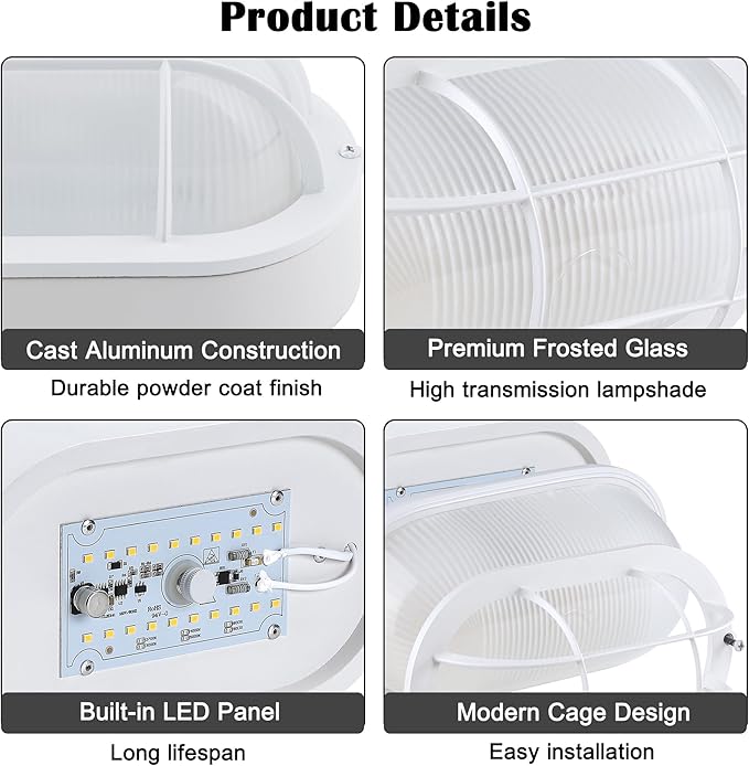 Oval Bulkhead Light Fixture Dimmable Outdoor Wall Lantern LED Nautical and Sauna Light 600 Lumen 3000K Warm White Waterproof White Aluminum with Forested Glass 1-Pack