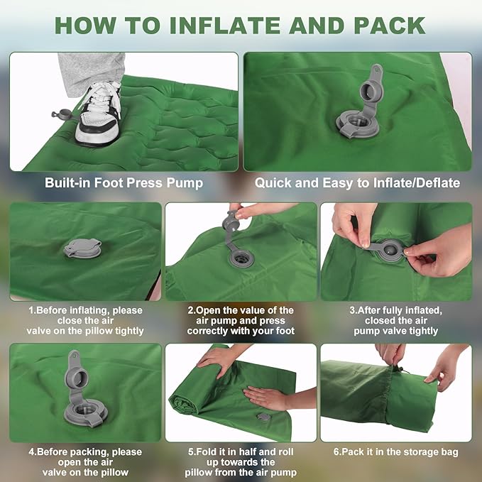 Camping Sleeping Pad with Pillow: Extra Thick 4.7 Inch Ultralight Self Inflating Air Mat Connectable 50D Insulated Sleep Mattress for Backpacking Camp Hiking Tent (Olive Green)