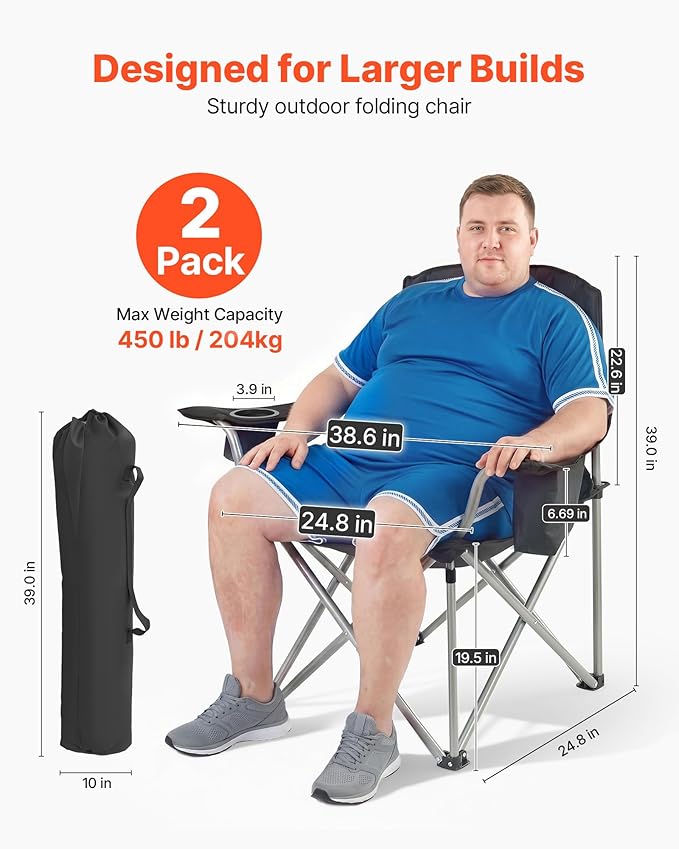VEVOR Oversized Camping Folding Chair Portable Heavy Duty Outdoor Quad Lumbar Back Padded with Side Pockets Cup Holder and Cooler Bag for Beach Lawn Picnic Fishing Backpacking 2 Pack