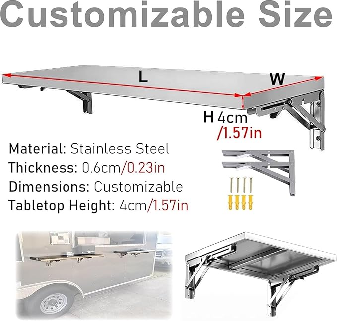 Food Truck Wall Shelving Space Saving Extra Long Stainless Steel Concession Folding Shelf Outdoor Easy Installation Countertop Extension Fold Down(28x18in/71x45cm)
