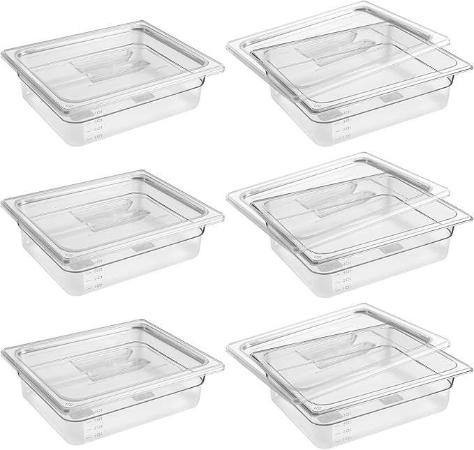 6 Pack 1/2 Size 4'' Deep Clear Food Pans with Lids Commercial Food Pans Polycarbonate Transparent Food Storage Containers Stackable Plastic Pan with Capacity Scale Restaurant Supplies Hotel Pan
