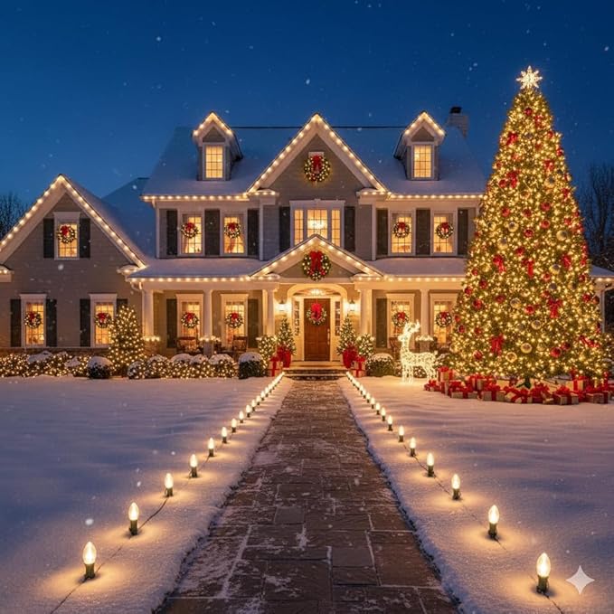 C9 LED Christmas Pathway Lights 38FT Outdoor Warm White Pathway Markers Lights with 25 Stakes Connectable Waterproof Outside Christmas Decorations for Xmas Party Decor Patio Yard Lawn Garden