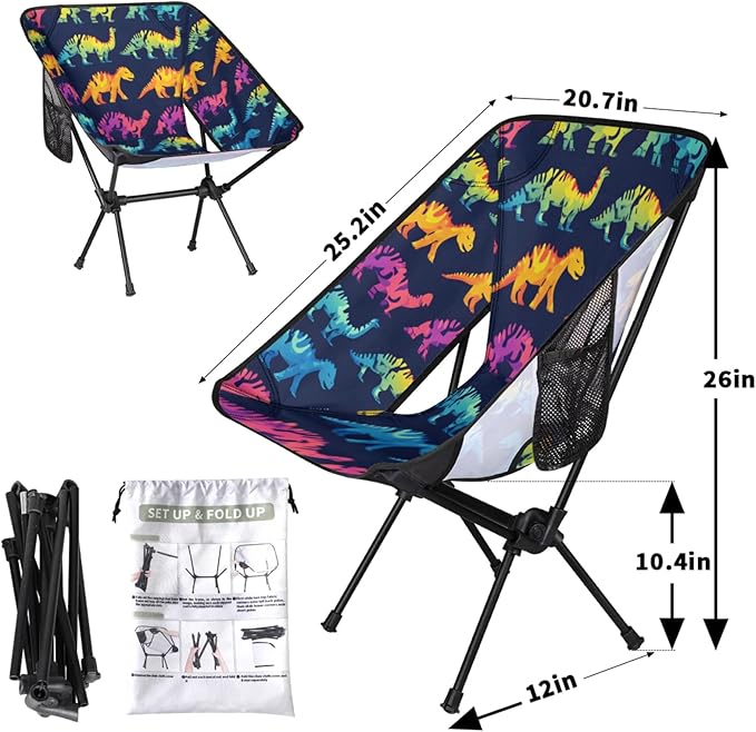 Honeybaby Folding Camping Chair Cool Dinosaurs Camping Chairs Lightweight Portable Chair Outdoor Foldable Chairs for Camping Travel Picnic Beach Hiking