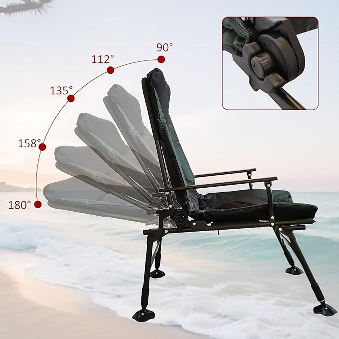 Camping Lounge Chair Portable Folding Reclining Camping Chair with Adjustable backrest for Indoor and Outdoor Camping Beach Hiking Fishing Green+Black