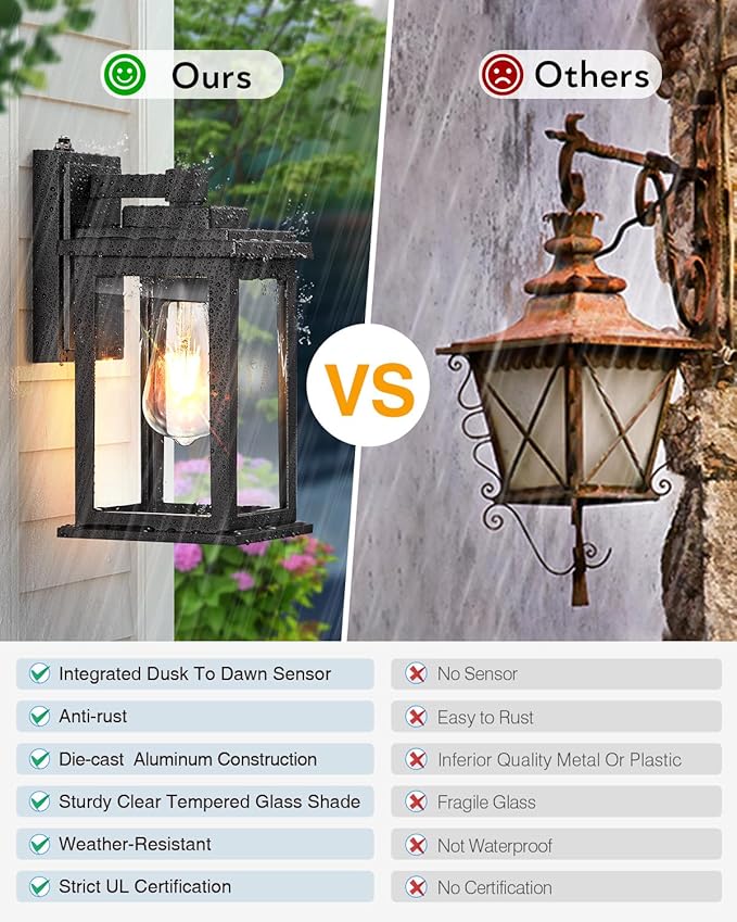 VIANIS Black Dusk to Dawn Outdoor Lights for House 2 Pack Outdoor Wall Lights Waterproof Porch Lights Exterior Lighting Fixtures with Tempered Glass for Porch Garage DoorwayHardwired Non-solar