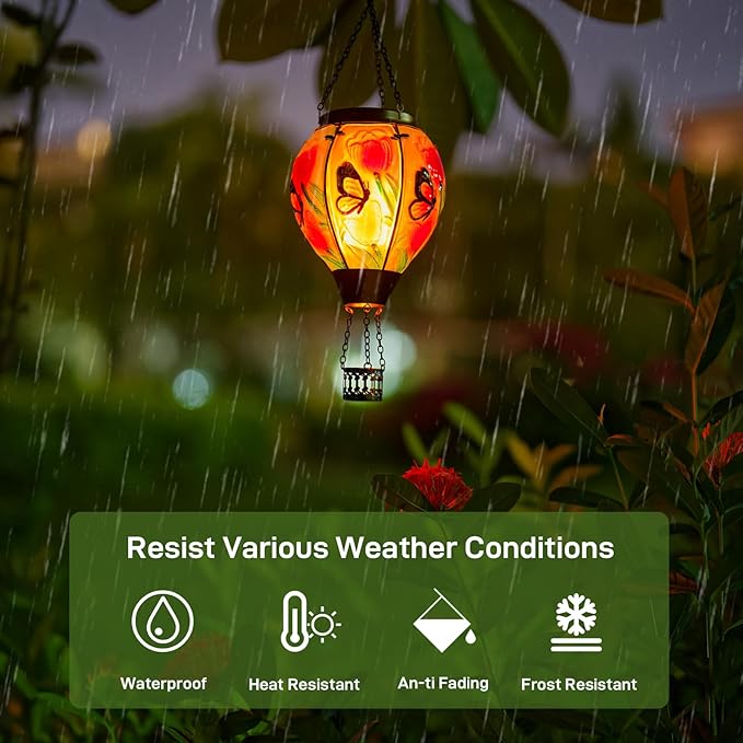 Butterfly Flower Solar Hot Air Balloon Lantern with Flame Glass Balloon Lantern Outdoor Waterproof Lights Hanging Solar Lights for Outside Garden Patio Porch Tree Yard Gift for Mom