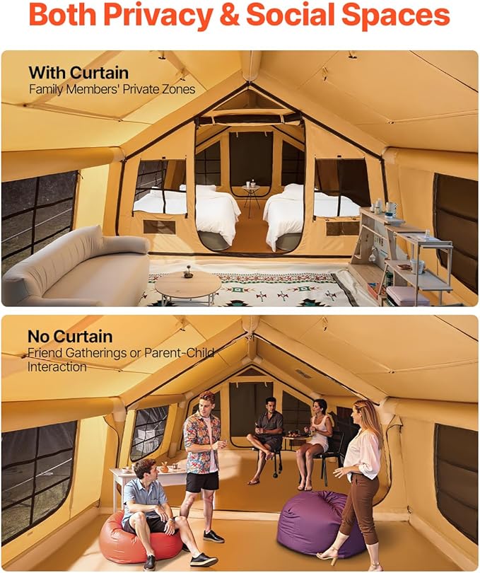 VEVOR Inflatable Tents for Camping Easy Setup Blow up Tent with Hand Pump 4 Season Glamping Tent with Stove Jack Doors &amp Mesh Windows Storage Bag Included for Easy Taking