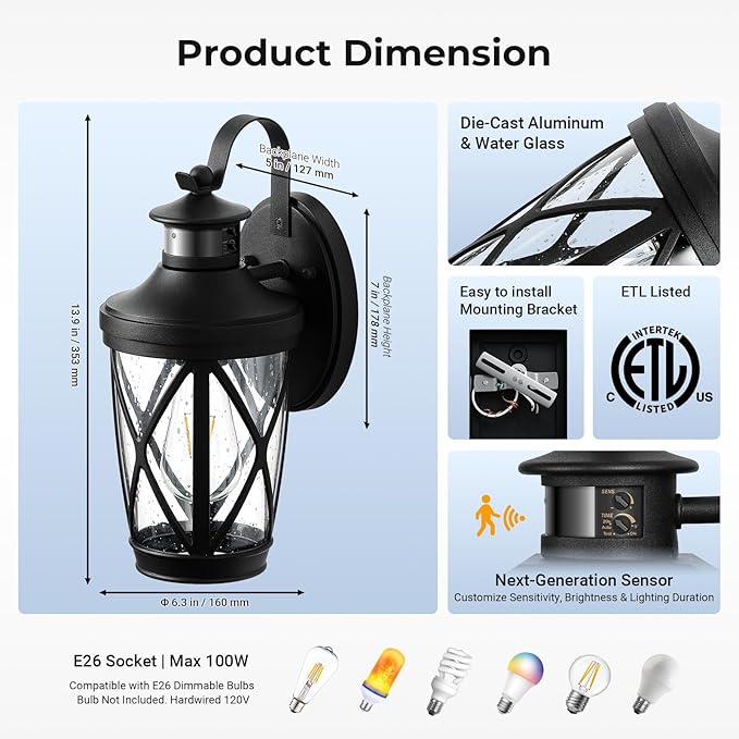 VIANIS Motion Sensor Outdoor Lights Modern Patio Lights Outdoor Waterproof Black Exterior Lighting Fixtures Lanterns for House 100% Aluminum Outside Wall Mount Light Sconce for Garage Porch Coach