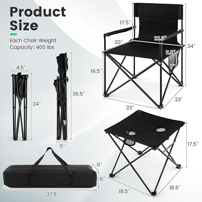 Giantex Camping Chair and Table Set - 3 Pack Folding Beach Chair with Side Table 2 Cup Holders Storage Pockets Carrying Bag 400 lbs Capacity Hammock Camping Chair for Fishing Hiking Picnic BBQ
