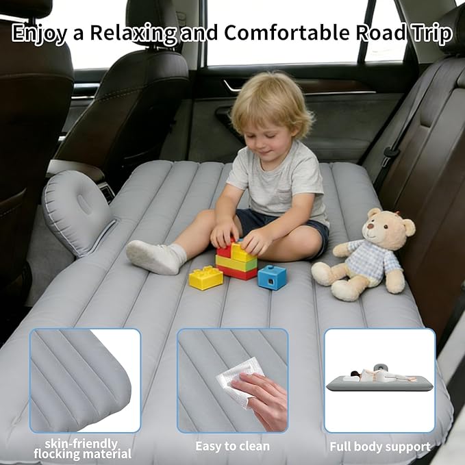 Car Air Mattress Inflatable SUV Truck Camping Mattress for Back Seat Thickened Travel Car Bed Sleeping Pad with Inflatable Pier Air Pump 2 Pillows (Grey)