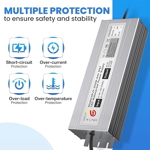 LED Driver LED Power Supply 24V 8.3A 200W Waterproof IP67 AC 90-150V to DC 24VLow Voltage Transformerwith 3-Prong Plug 3.3 Feet Cable for Indoor Outdoor LED Lighting Use