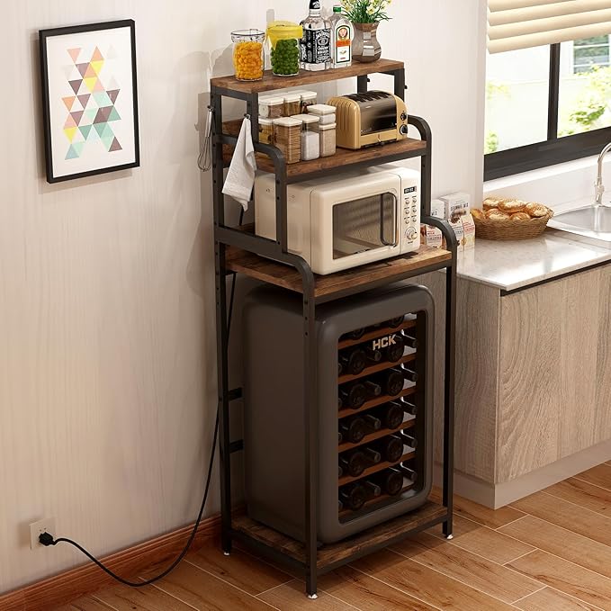 Vintage 4-Tier Storage Cabinet for Mini Fridge Microwave Stand Bakers Rack with Adjustable Shelves Heavy Duty MDF Metal Frame for Kitchen Office Dorm