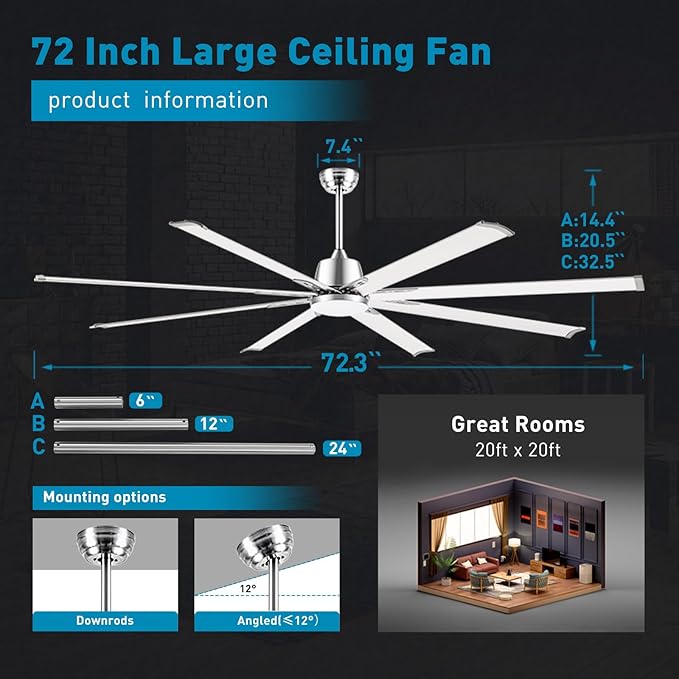 72 lnch lndustrial Celing Fan with Light and Remote ControlLarge Celing Fan with 8 Brushed Nickel Aluminum Blades6 Speed Noiseless DC MotorWet Rated Indoor Outdoor Ceiling Fans for PatioGarage