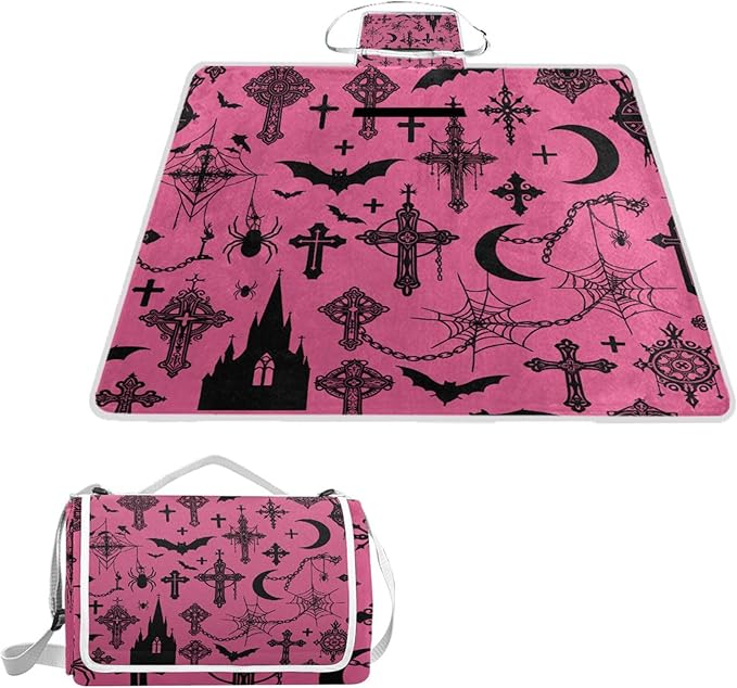 MNSRUU Picnic Blanket Waterproof Foldable Gothic Bat Moon Castle Large Outdoor Picnic Beach Camping Blanket Travel Mat Shoulder Strap Tote Rectangle 57x59in