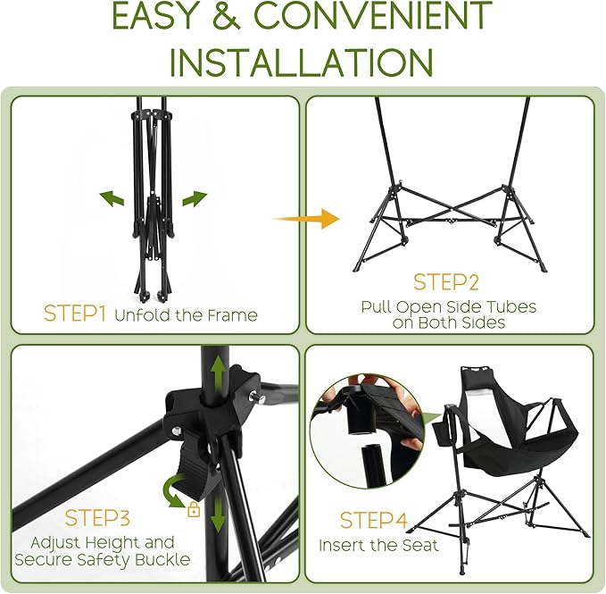Hammock Folding Camping Chair - Outdoor Portable Swing Camp Chairs with Stand Adults Rocking Swinging Chair for Beach Lawn Patio (Black)