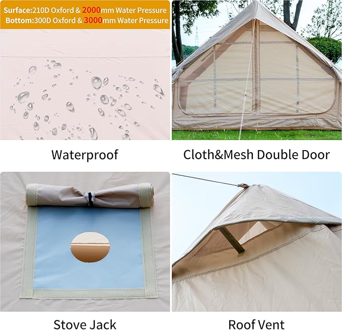 Inflatable Camping Tent with Hand Pump Waterproof Outdoor Blow up Tent 2-8 Person Oxford 4 Season Glamping Air Tent Cabin House with Mesh Windows &amp Door