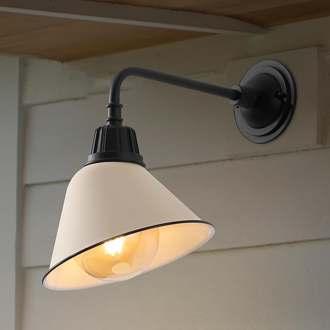 JONATHAN Y 9.63 Matte Almond/Black 1-Light Farmhouse Outdoor Sconce Industrial LED Wall Light Gooseneck Arm Barn Lamp with Metal Bell Shade for Porch Patio Kitchen LED Bulb Included (JYL7612J)