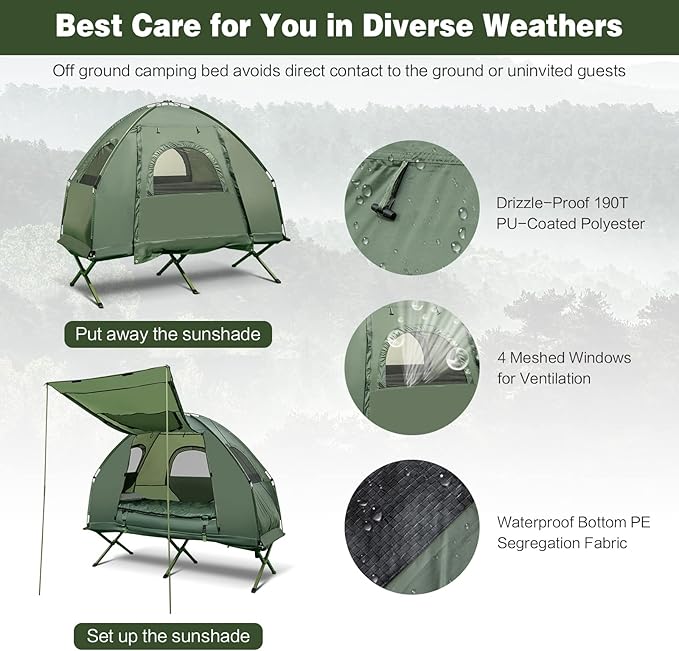Safstar 5-in-1 Tent Cot Camping Cot Tent with Air Mattress Sleeping Bag Camping Cot Awning &amp Air Pillow Carrying Bag Off The Ground Tent Elevated Tent Cot for Camping Hiking Picnic Travel