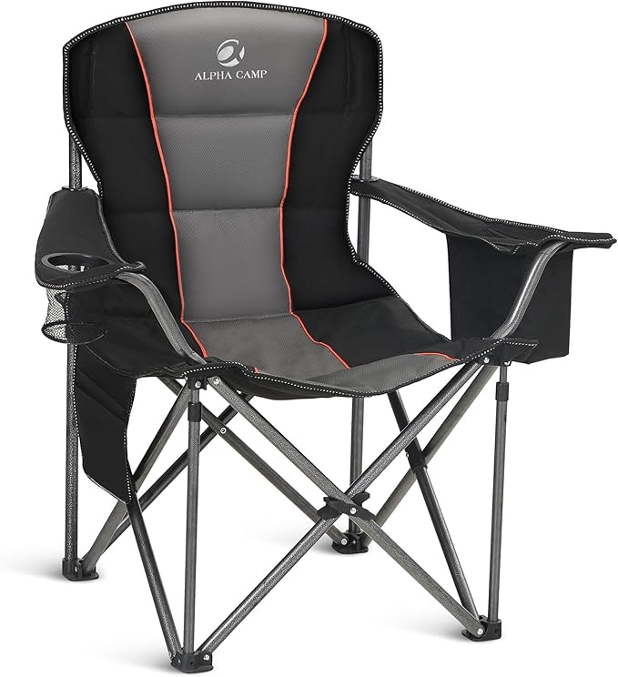 ALPHA CAMP Oversized Camping Chair Heavy Duty Lawn Chair with Cooler Bag (Black)
