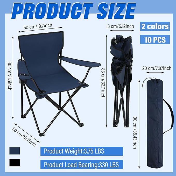 Huwena 10 Pack Folding Camping Chairs with Cup Holder and Carry Bags Portable Outdoor Lawn Chairs Bulk for Picnic Party Backyard Events Beach Outdoor Activities