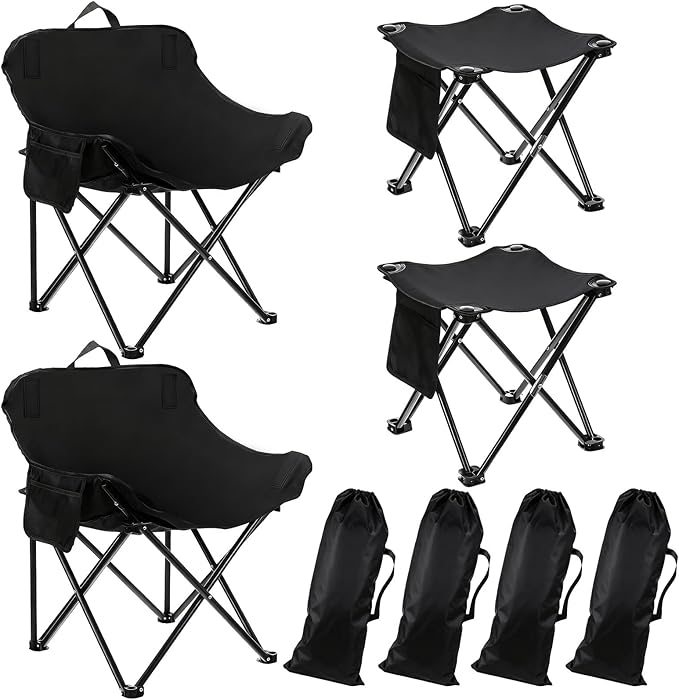 2 Pack Portable Ultralight Folding Camping Chair and 2 Pack Folding Camping Stools with Carry Bag for Outdoor Hiking Fishing Mountaineering Lawn Picnic Beach Travel(Black)