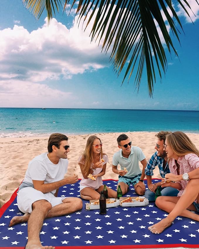 Beach Blanket Waterproof Sandproof Independence Day July 4th Extra Large 95X80 Picnic Blanket Beach Mat Lightweight Durable Camping Blanket with 4 Stakes for Beach Travel Patriotic American Flag