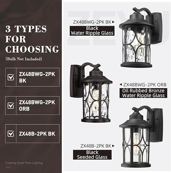 zeyu 12 Inch Outdoor Wall Lights 2 Pack Exterior Front Porch Light Die-Cast Aluminum Oil Rubbed Bronze Finish with Water Ripple Glass Glass ZX48BWG-2PK ORB
