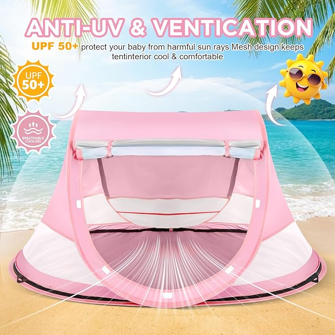 Baby Beach Tent Pop Up Beach Tent Sun Shade for Beach UPF 50+ UV Protection Sun Shelters for Infants with Carry Bag for Outdoor Travel Camping(Pink)
