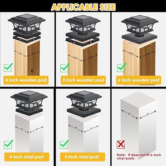 2 Pack Solar Post Cap Lights Outdoor Waterproof Fits 4x4 5x5 6x6 Wooden &amp Vinyl Fence Decks Edison LED Bulb with Warm &amp Cool White Light Modes (Classic Black 2)