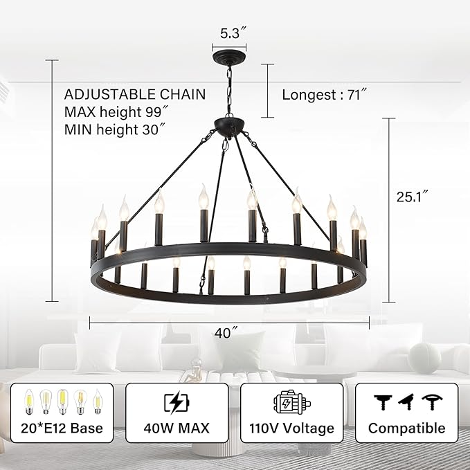 Black Wagon Wheel Chandelier 40 inch20-Light Farmhouse Wagon Wheel Chandeliers Round Industrial Ceiling Light fixtures for Porch high Ceilings Living Dining Room Foyer Entryway