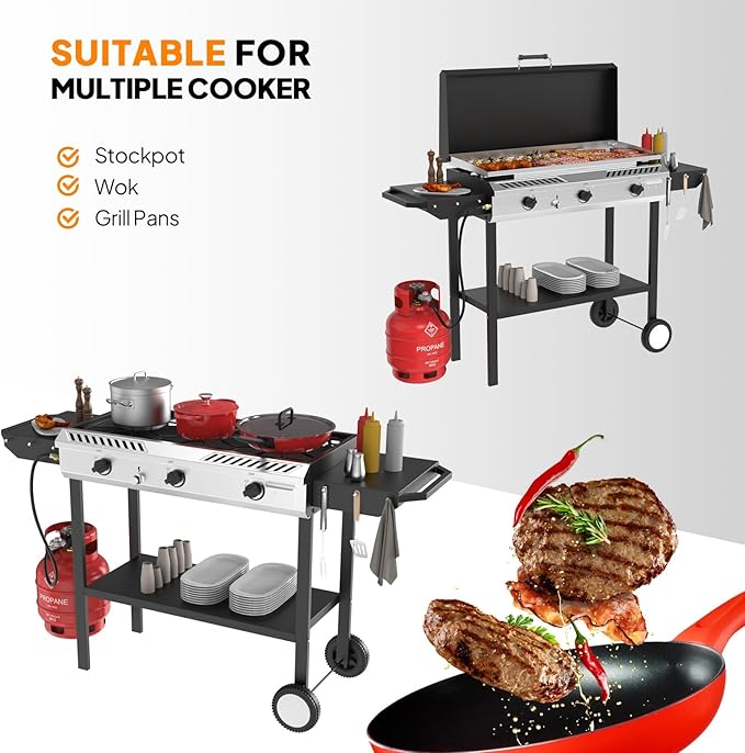 Bonnlo 2-in-1 Propane Stove and Griddle 3 Burner Outdoor Gas Cooker with Iginition Storage Shelf and Portable Wheels 225000BTU Output Camping Stove for Backyard Cooking BBQ Frying and Boiling
