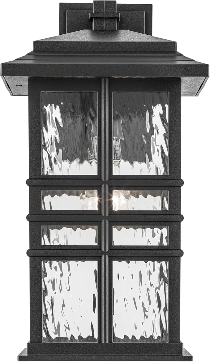Kichler Beacon Square 17.25 1-Light Outdoor Wall Light with Clear Hammered Glass in Textured Black for Exterior Doors Garage Porch or Patio (17.25 x 9.5) 49831BKT