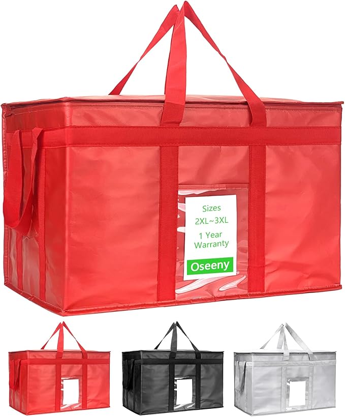 Heavy Duty Insulated Cooler Bag with Lid and Dual Zipper for Reusable Hot and Cold Food Delivery - Insulated Catering Bag (Red 3XL PRO)